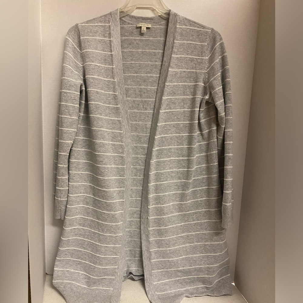 Talbots Light Gray and White Striped Open-Front Cardigan